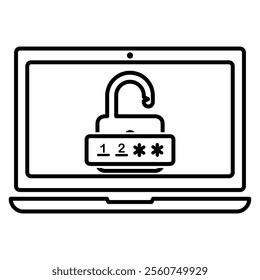 laptop with padlock password icon in modern outline style design. Vector illustration isolated on white background.