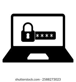 Laptop with padlock password icon in modern silhouette style design. Vector illustration isolated on white background.