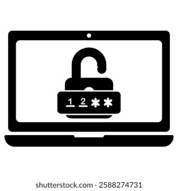 laptop with padlock password icon in modern silhouette style design. Vector illustration isolated on white background.