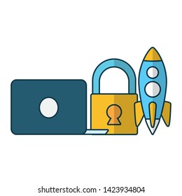 laptop padlock rocket send email vector illustration