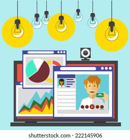 Laptop with pages of website in browser and video questionnaire on monitor and lightbulbs on top flat design style
