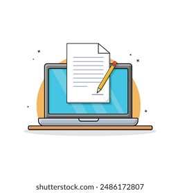 Laptop with Paper Document and Pencil Vector Illustration. Content Creating Concept Design