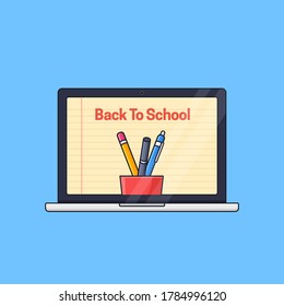 laptop with paper line screen background and student tools vector illustration for back to school online class distant education concept