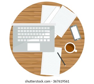 Laptop, paper notes and cup of coffee on the table