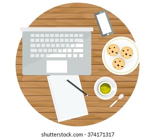 Laptop, paper notes and cup of tea on the table