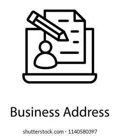 A laptop with the paper and pencil having human avatar graphic depicting business address 