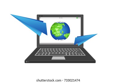 Laptop with paper plane and earth,Technology con concept on white background