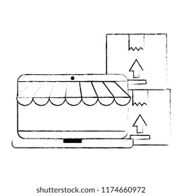 laptop with parasol and carton boxes