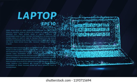 A laptop of particles on a dark background. The laptop consists of geometric shapes. Vector illustration