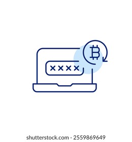 Laptop, password and bitcoin symbol. Secure wallet and crypto transactions. Pixel perfect, editable stroke icon