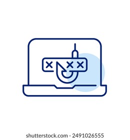 Laptop with a password and a fishing hook. Password theft attempt. Pixel perfect, editable stroke icon