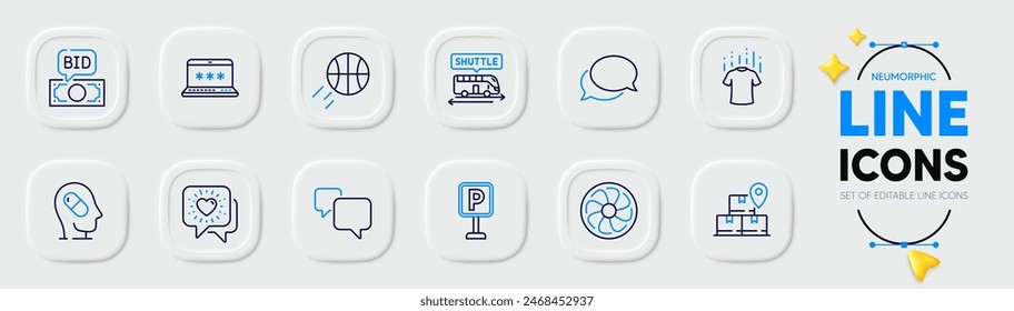 Laptop password, Friends chat and Bid offer line icons for web app. Pack of Speech bubble, Delivery service, Shuttle bus pictogram icons. Basketball, Parking, Dry t-shirt signs. Vector