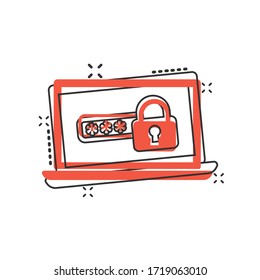 Laptop with password icon in comic style. Computer access cartoon vector illustration on white isolated background. Padlock entry splash effect business concept.