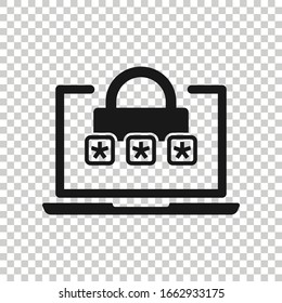 Laptop with password icon in flat style. Computer access vector illustration on white isolated background. Padlock entry business concept.