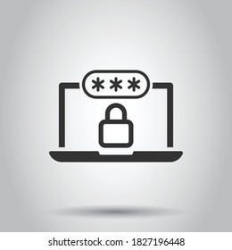 Laptop with password icon in flat style. Computer access vector illustration on white isolated background. Padlock entry business concept.