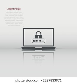 Laptop with password icon in flat style. Computer access vector illustration on white isolated background. Padlock entry business concept.