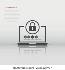 Laptop with password icon in flat style. Computer access vector illustration on white isolated background. Padlock entry business concept.