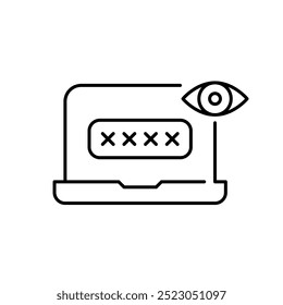 Portátil con caja de entrada de Contraseña y ojo. Acceso seguro a los datos del ordenador. Visibilidad de la entrada de la Contraseña. Icono de trazo perfecto y editable del píxel