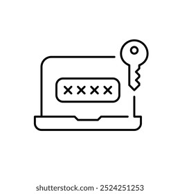 Laptop with password input box and key. Secure data access, computer user login. Pixel perfect, editable stroke icon