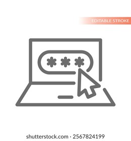 Laptop password login line vector icon. Masked characters user and account entre.