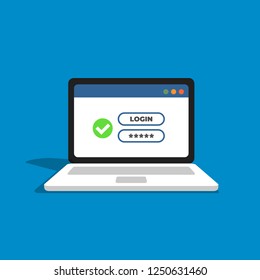 Laptop with password login on screen. Username form with green tick icon. 
Window browser with user authorization. Registration form.
Vector illustration in flat style.