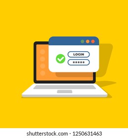 Laptop with password login on screen. Username form with green tick icon. 
Window browser with user authorization. Registration form.
Vector illustration in flat style.