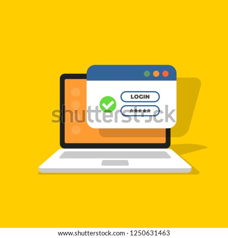 Laptop with password login on screen. Username form with green tick icon. 
Window browser with user authorization. Registration form.
Vector illustration in flat style.