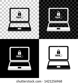Laptop with password notification and lock icon isolated on black, white and transparent background. Concept of security, personal access, user authorization, login form. Vector Illustration