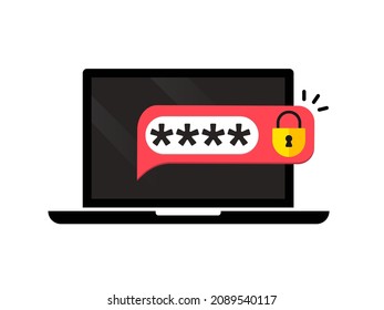 Laptop with password notification and lock icon isolated. Concept of security, personal access, user authorization, login form. Vector Illustration