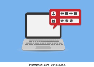 Laptop with password notification and lock icon vector illustration isolated on white, concept of security notice, personal access, user authorization note, login form icon, internet protection alert