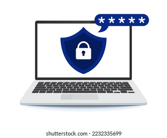 Portátil con notificación de contraseña e icono de bloqueo. protección de contraseña. Escuche con un candado.