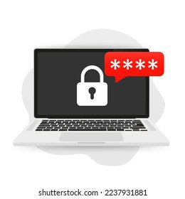 Laptop with password notification and lock icon. Password secure access on laptop for landing page, web, poster, banner, layout, template. Forgot account login and password. Vector illustration