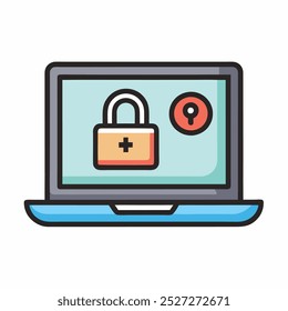 Laptop with password notification and lock icon vector illustration isolated on white, concept of security notice, personal access, user authorization note, login form icon, internet protection alert