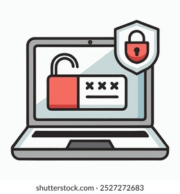 Laptop with password notification and lock icon vector illustration isolated on white, concept of security notice, personal access, user authorization note, login form icon, internet protection alert