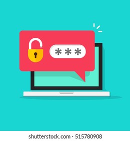 Laptop with password notification and lock icon vector illustration isolated on white, concept of security notice, personal access, user authorization note, login form icon, internet protection alert