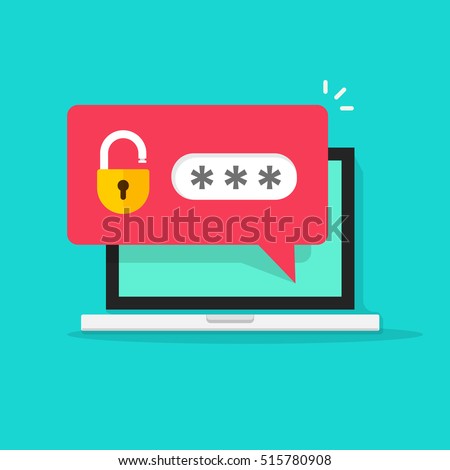 Laptop with password notification and lock icon vector illustration isolated on white, concept of security notice, personal access, user authorization note, login form icon, internet protection alert