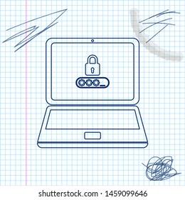 Laptop with password notification and lock line sketch icon isolated on white background. Concept of security, personal access, user authorization, login form. Vector Illustration
