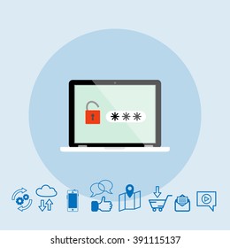Laptop with password on a screen and thin line icons. Flat design style. Cloud storage, social network, shopping cart, video message, mail, progress, map, location. Vector illustration.