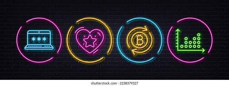 Laptop password, Ranking star and Refresh bitcoin minimal line icons. Neon laser 3d lights. Dot plot icons. For web, application, printing. Computer access, Love rank, Update cryptocurrency. Vector