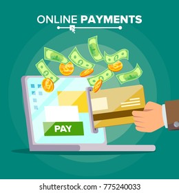 Laptop Payment Vector. Dollars, Card, Laptop Screen. Payment To Sell Goods And Pay For Bill. Isolated Flat Cartoon Illustration
