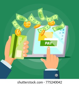 Laptop Payment Vector. Online Payments Concept. Bill Heap. Online Shopping On Laptop. Isolated Flat Cartoon Illustration