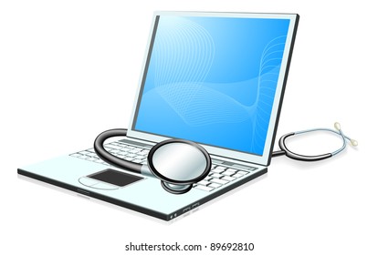 A Laptop Pc Computer With Stethoscope Wrapped Round It. Health Check Concept.