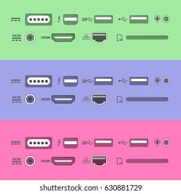 Laptop and PC connectors icons set. Power supply, USB, Ethernet, SD, HDMI, audio and video sockets. computer peripherals in flat coloristic style. Green, blue and red sockets for technological design