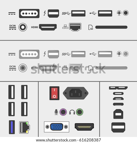 Laptop and PC connectors icons set. Power supply, USB, Ethernet, SD, HDMI, audio and video sockets. computer peripherals in flat design