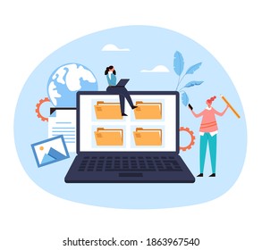 Laptop pc file organization web service archive website document concept. Vector flat graphic design illustration