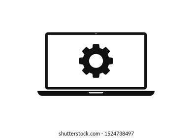 Laptop or pc with gear settings isolated vector icon. Construction concept. Internet technology icon sign or symbol. Technology concept vector design. EPS 10