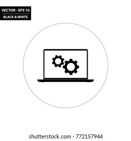 Laptop PC and gears black and white flat icon. Vector Illustration.
