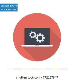 Laptop PC and gears flat icon with long shadow. Vector Illustration.