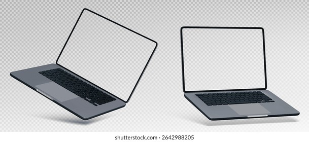 Laptop pc mockup with transparent screens - notebook computers in different angles for app presentation, website display or digital product showcase with blank monitors ready for custom content.