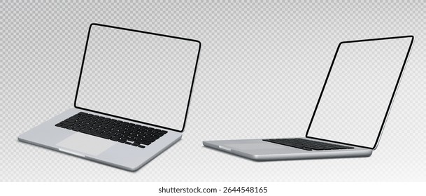 Laptop pc mockup with transparent screens - notebook computers in different angles for app presentation, website display or digital product showcase with blank monitors ready for custom content.